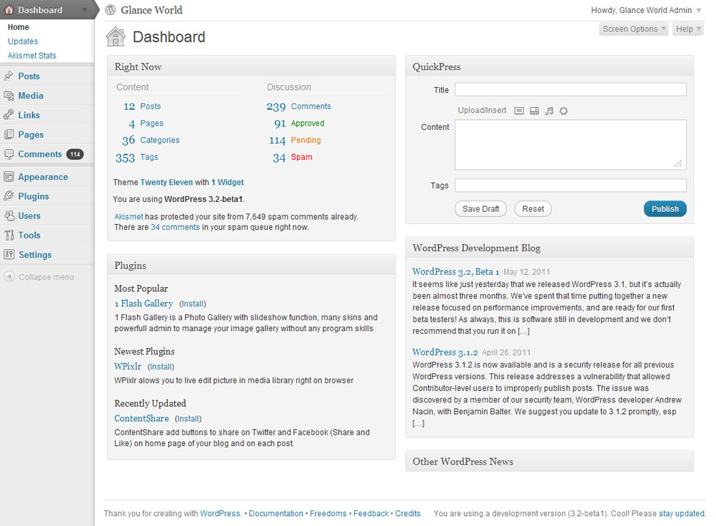 WordPress 3.2 Dashboard