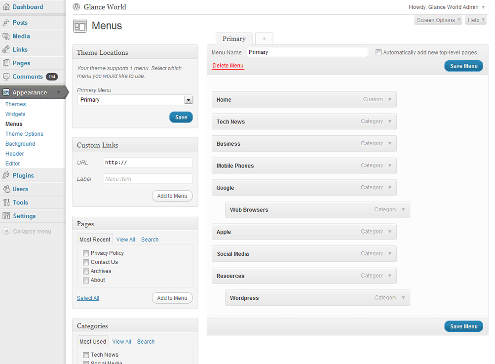 WordPress 3.2 Menu View