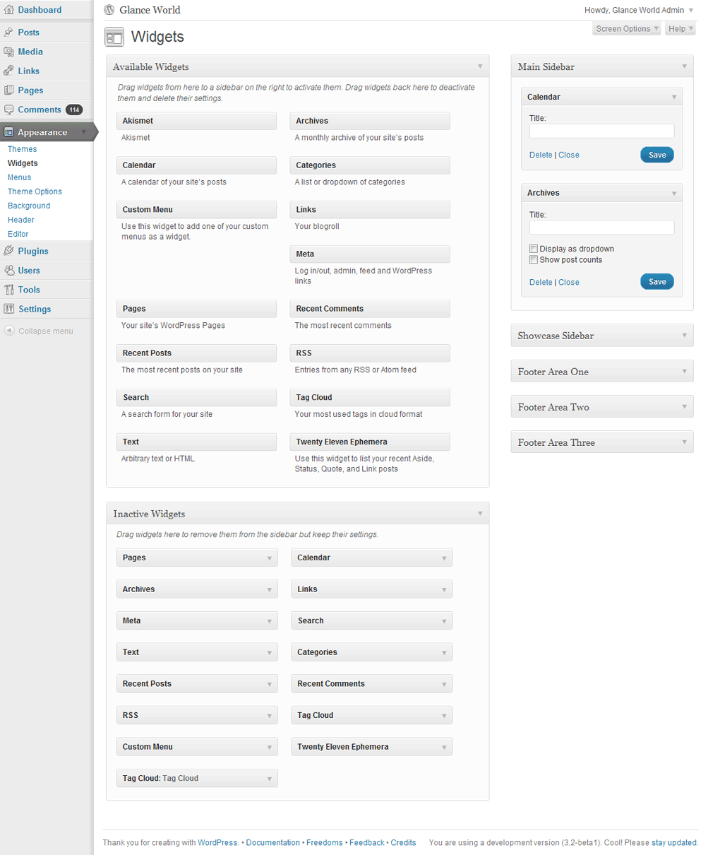 WordPress 3.2 Widgets View