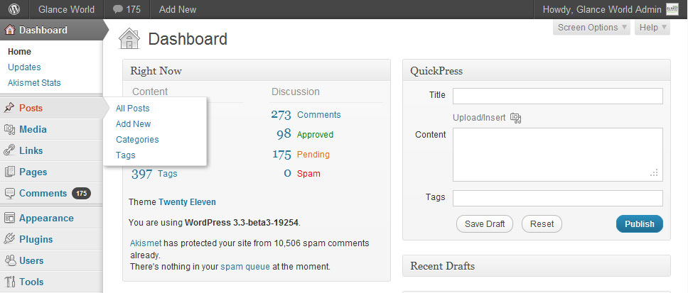 WordPress 3.3 Flyout Menu