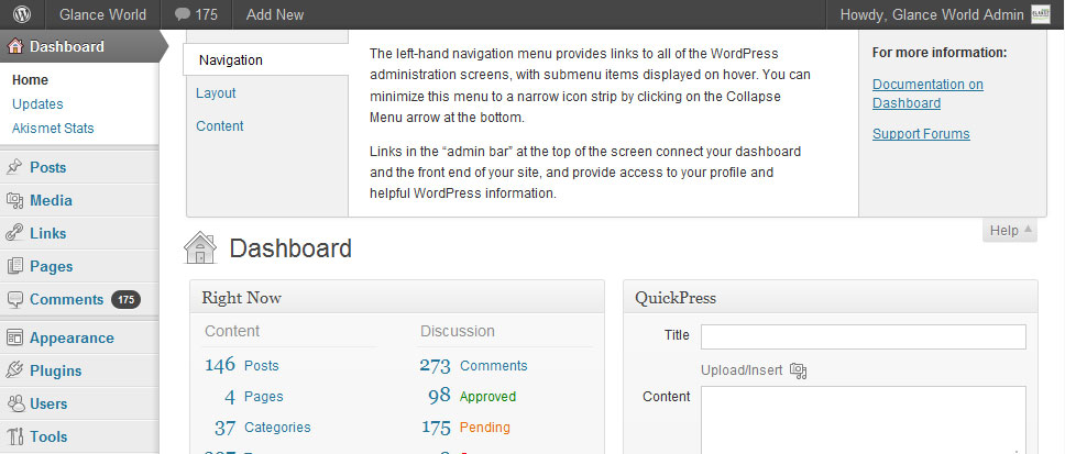 WordPress 3.3 Help Section