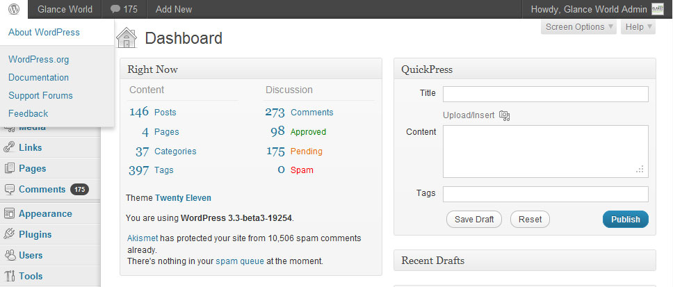 WordPress 3.3 W Menu