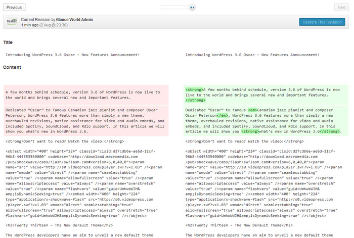 WordPress 3.6 Post Revisions Manager