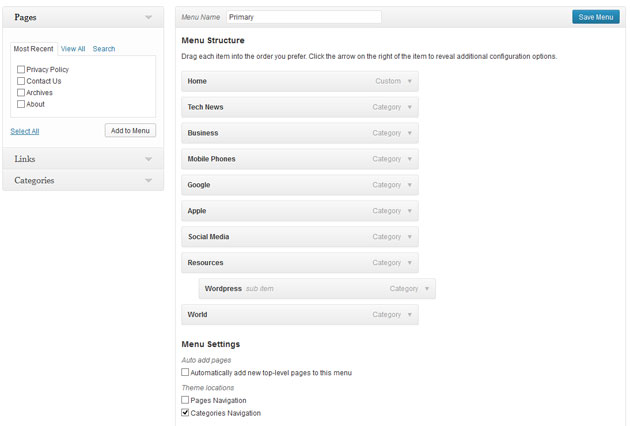 WordPress 3.6 Navigation Menu